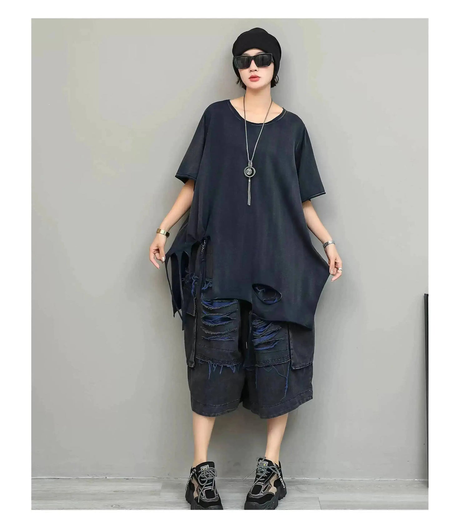 Trendy Cool Fashion Top Women Distressed Asymmetrical Mid-length T-shirt Loose LX5861