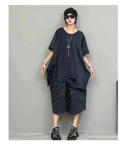 Trendy Cool Fashion Top Women Distressed Asymmetrical Mid-length T-shirt Loose LX5861