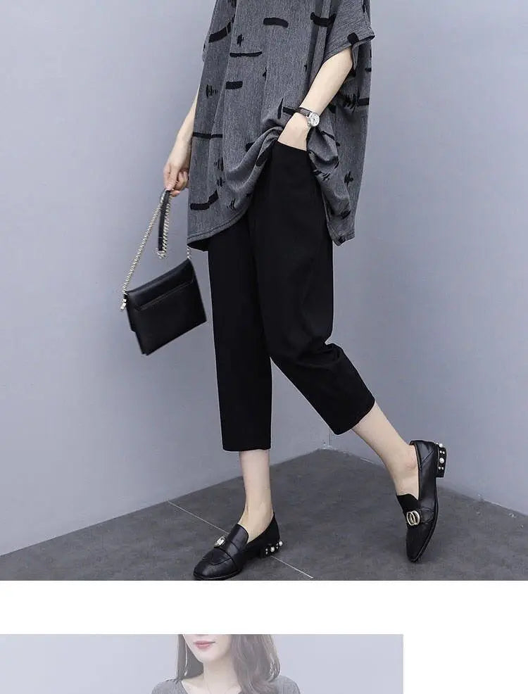 plus Size Summer Outfit Women's Batwing Sleeve Cover Belly Top And Seven Inch Pants Two Piece Set Fashionable plus Size Ensemble
