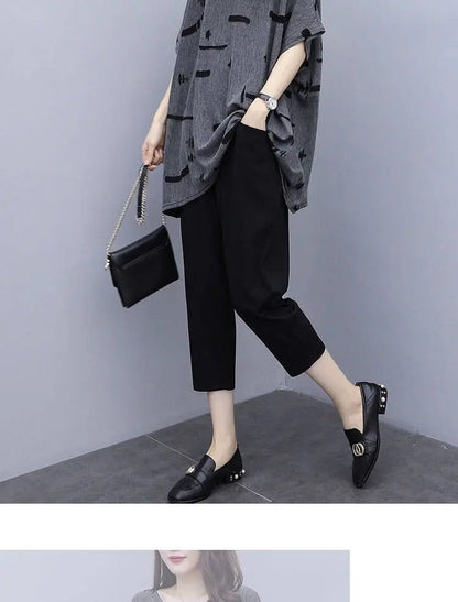 plus Size Summer Outfit Women's Batwing Sleeve Cover Belly Top And Seven Inch Pants Two Piece Set Fashionable plus Size Ensemble