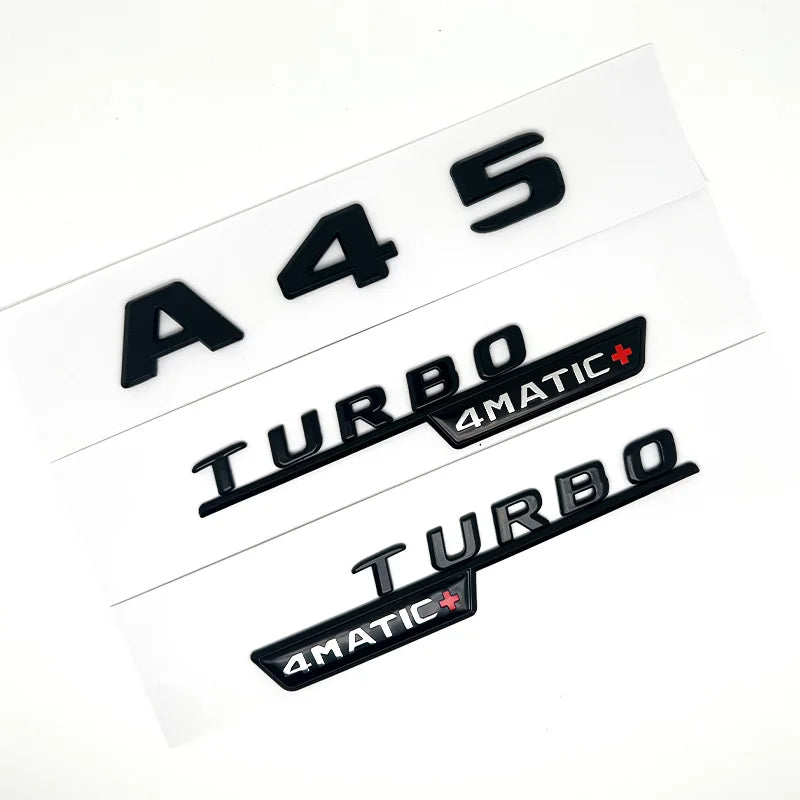 3D ABS Glossy Black Car Fender Badge Turbo 4MATIC Sticker Rear Trunk AMG Emblem A45 Logo For Mercedes Benz A 45 AMG W176 W177