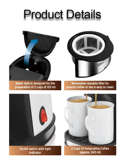 Sonifer 2-Cup Drip Coffee Maker SF-3540 (240ml), 450W, Includes 2 Porcelain Mugs, Reusable Filter, One-Touch Control