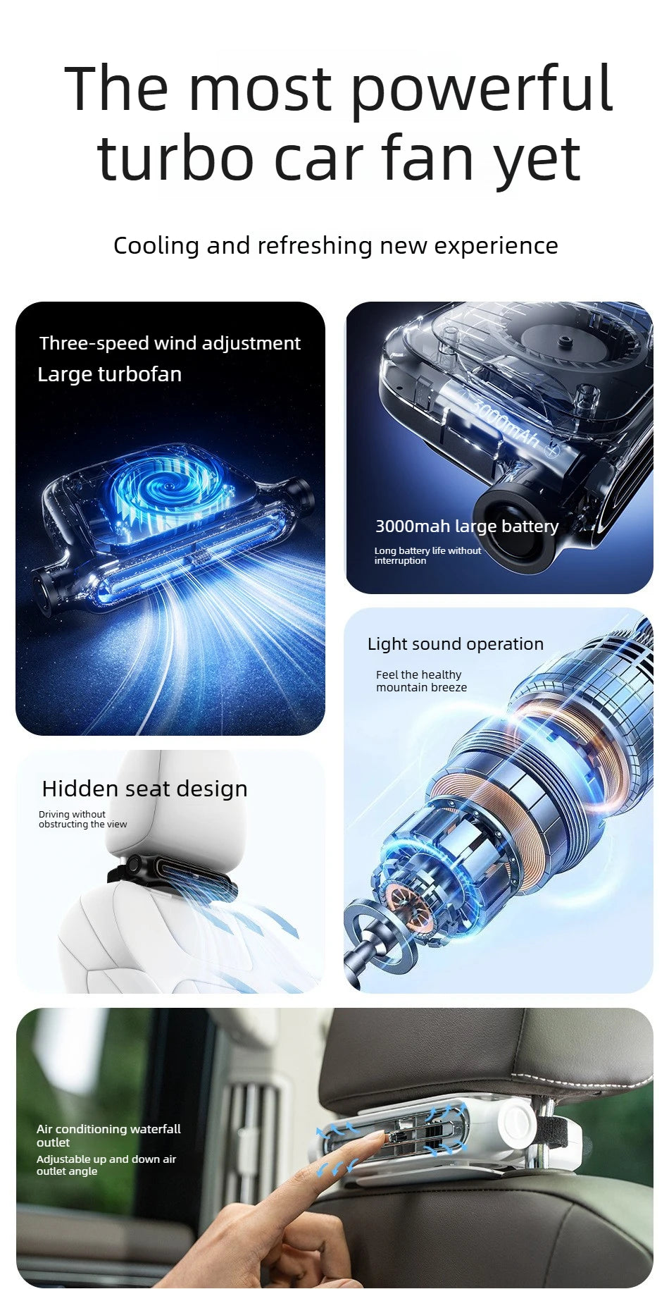 2026New Car Seat Fan 3000mAh Built-in Battery Long Lasting USB Portable No Blade Backrest Fan Car fan cooler Car Air Conditioner