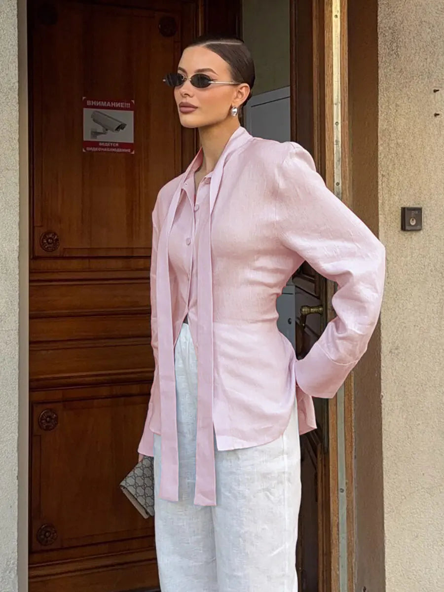 100% Cotton Shirts for Women New Spring Tie Belted Shirt Women's Floating Ribbon Tops  Shirts Commuting Slim Waist Blouse