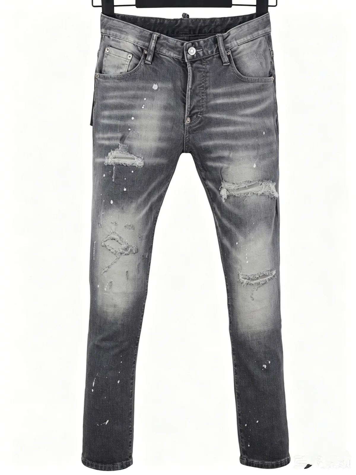 6058 Four Seasons New Men's Wash Grinding Hole Patch Paint Splash Ink Micro-bullet Leg Grey Jeans for Men