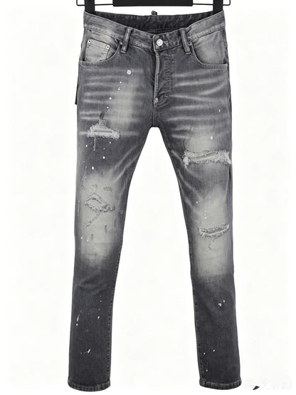 6058 Four Seasons New Men's Wash Grinding Hole Patch Paint Splash Ink Micro-bullet Leg Grey Jeans for Men