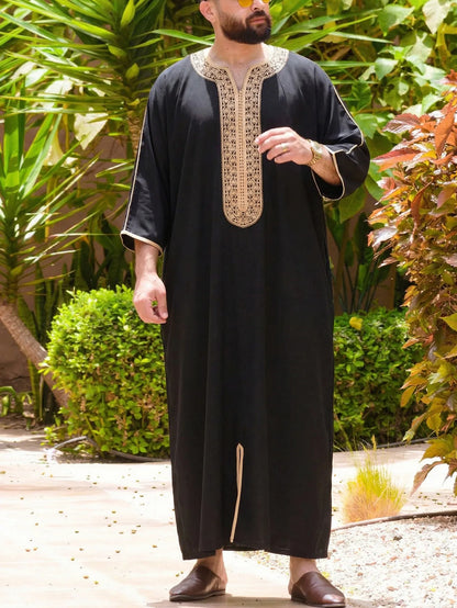 2026 Spring New Men's Loose Luxurious Embroidered Long-sleeve Ethnic Clothing With Three-quarter Sleeves Islam Elegant