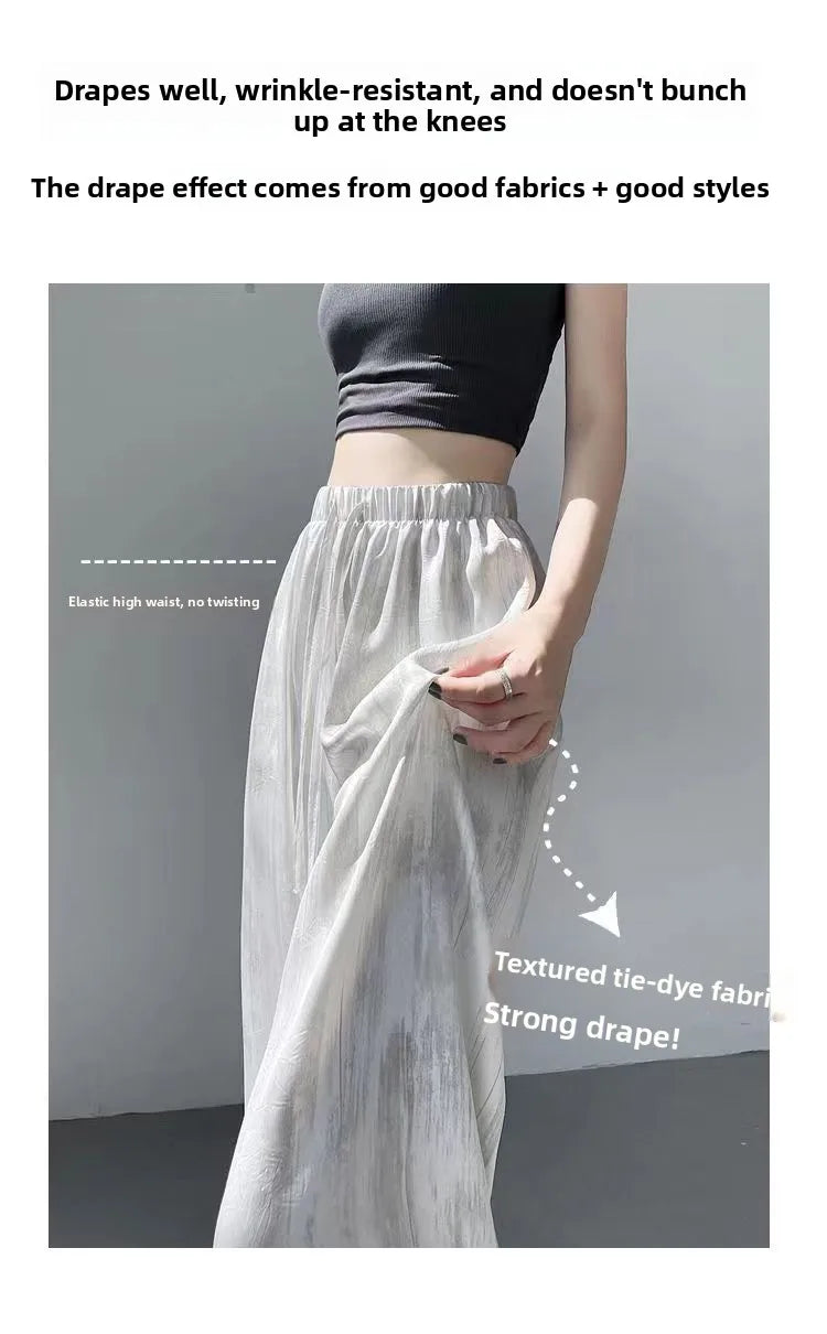 Summer Thin Ice Silk Satin Dyed Wide Leg Pants Women Loose Casual Drape High Waist Slimming Pants Ins Straight Leg Elastic Wa...
