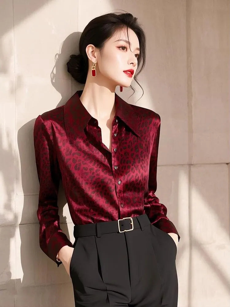 Red Leopard Print Long Sleeve Shirt Women's Fashionable Maturity Style Premium Quality Top Trendy Autumn 2025 Casual Wear