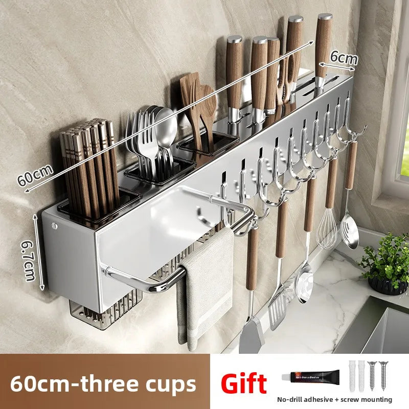 Stainless Steel Kitchen Knife Holder Wall Mounted No Drilling Multi-Function Chopsticks And Kitchen Knife Storage Rack