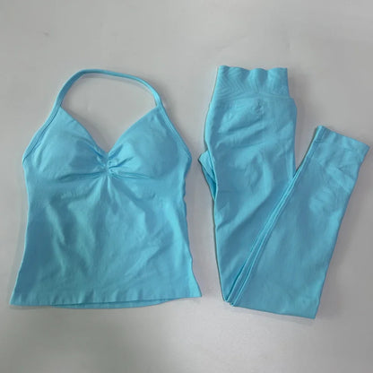 2 Pieces Sports Set Women Backless Tank Yoga Tops High Waist Scrunch Seamless Shorts Sport Gym Set Sportswear Workout Set