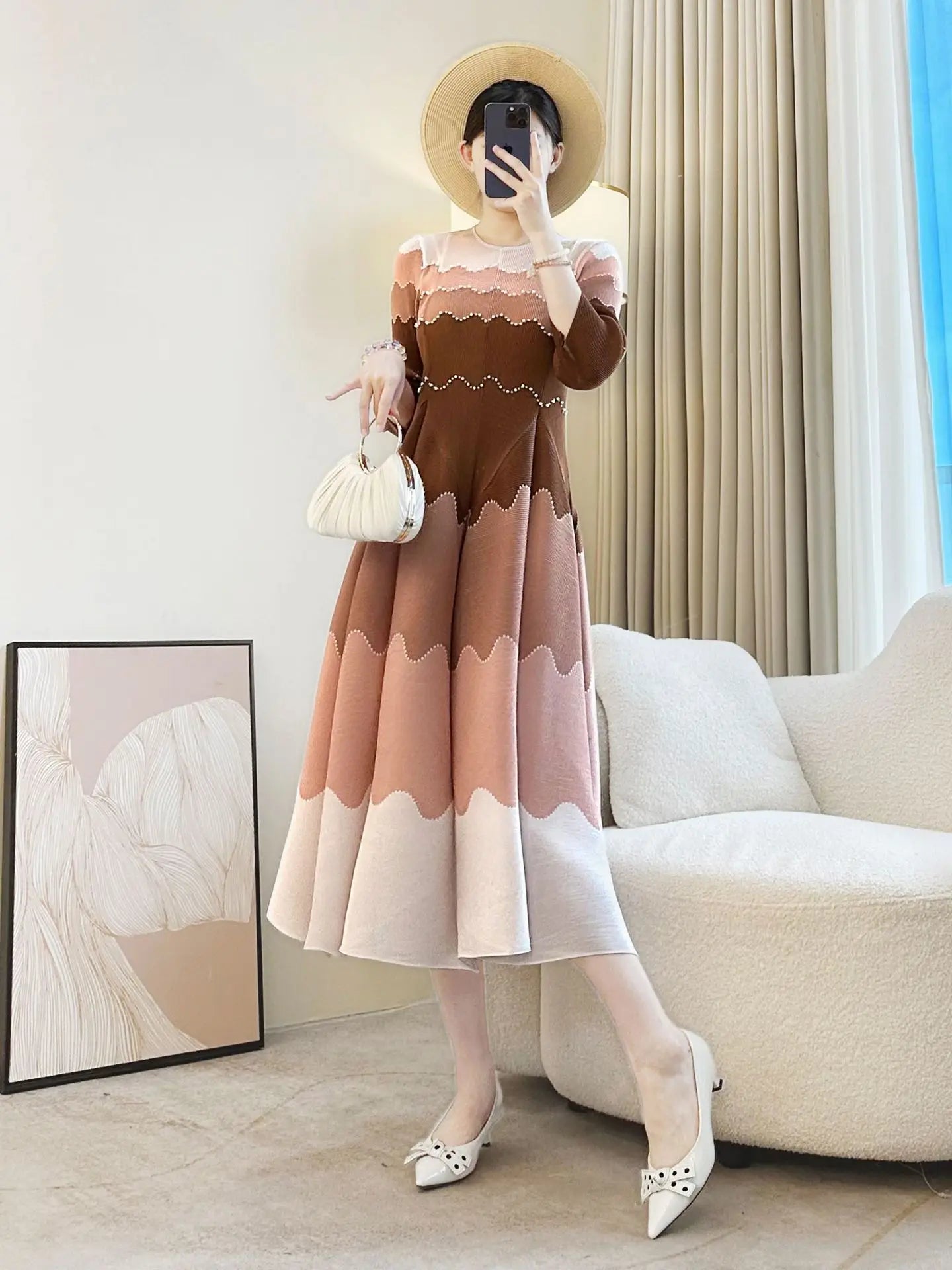 High-end Miyake Style Pleated Dress 2025 Autumn New Slim Flower Bud French Tea Break Skirt Fashionable Gradient Long Skirt Women