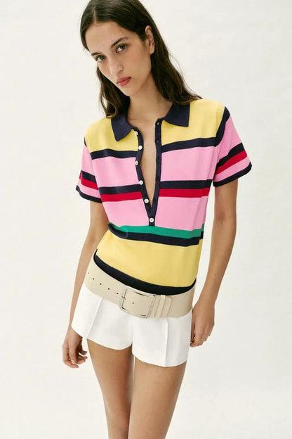 Fashionable Striped Knitted  Shirt Women's Spring Summer New Arrival Versatile Loose Fit Casual Polyester Fiber Short Sleeve