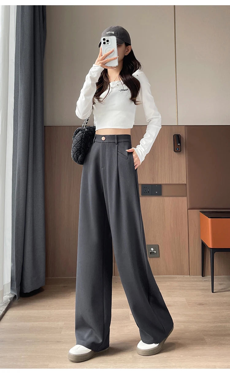Seoulish Autumn Elegant Women's Wide Leg Pants 2024 New Korean Solid Button Casual Loose Office Full Length Trousers Female
