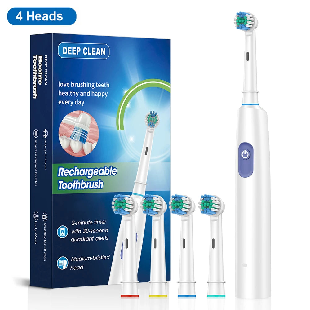 Electric Toothbrush Rotating Deep Clean Whitening Teeth for Adult Ultrasonic Toothbrush with 4/8pcs Refill Replacement Heads