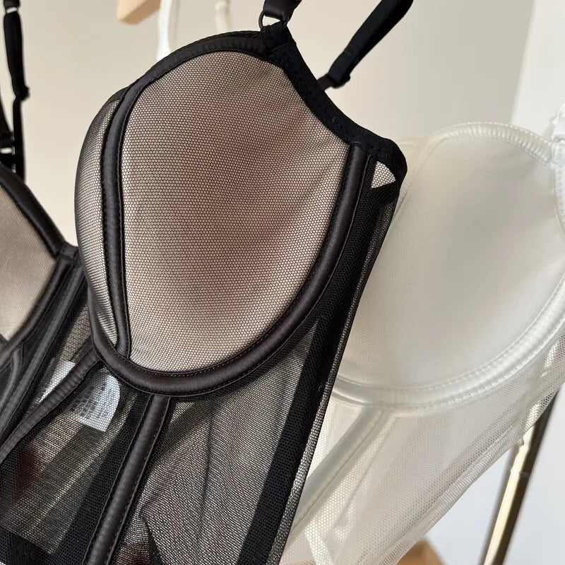 French Long Fishbone Mesh Patchwork Bra Set Slim Shaping Chest Lift Up Sexy Lingerie Outfit Soft Comfortable Underwear S-XL Suit