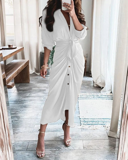 Summer Bandage Shirt Women Fashion Button Ruched Dress Casual Short Sleeve Printed Dress Female Elegant Party Dress Robe