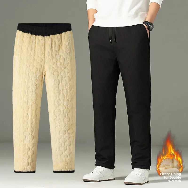 Men's Thickened Lamb Velvet Cotton Pants Autumn Winter Casual Trousers Windproof Coldproof Warm Fleece Lined Long Pants