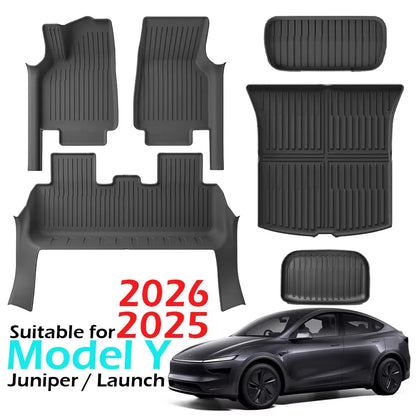 Floor Mats with Door Sill Protection Strip for Tesla Model Y Juniper 2025 2026 All-weather Floor Cargo Liner Trunk Backrest Pad