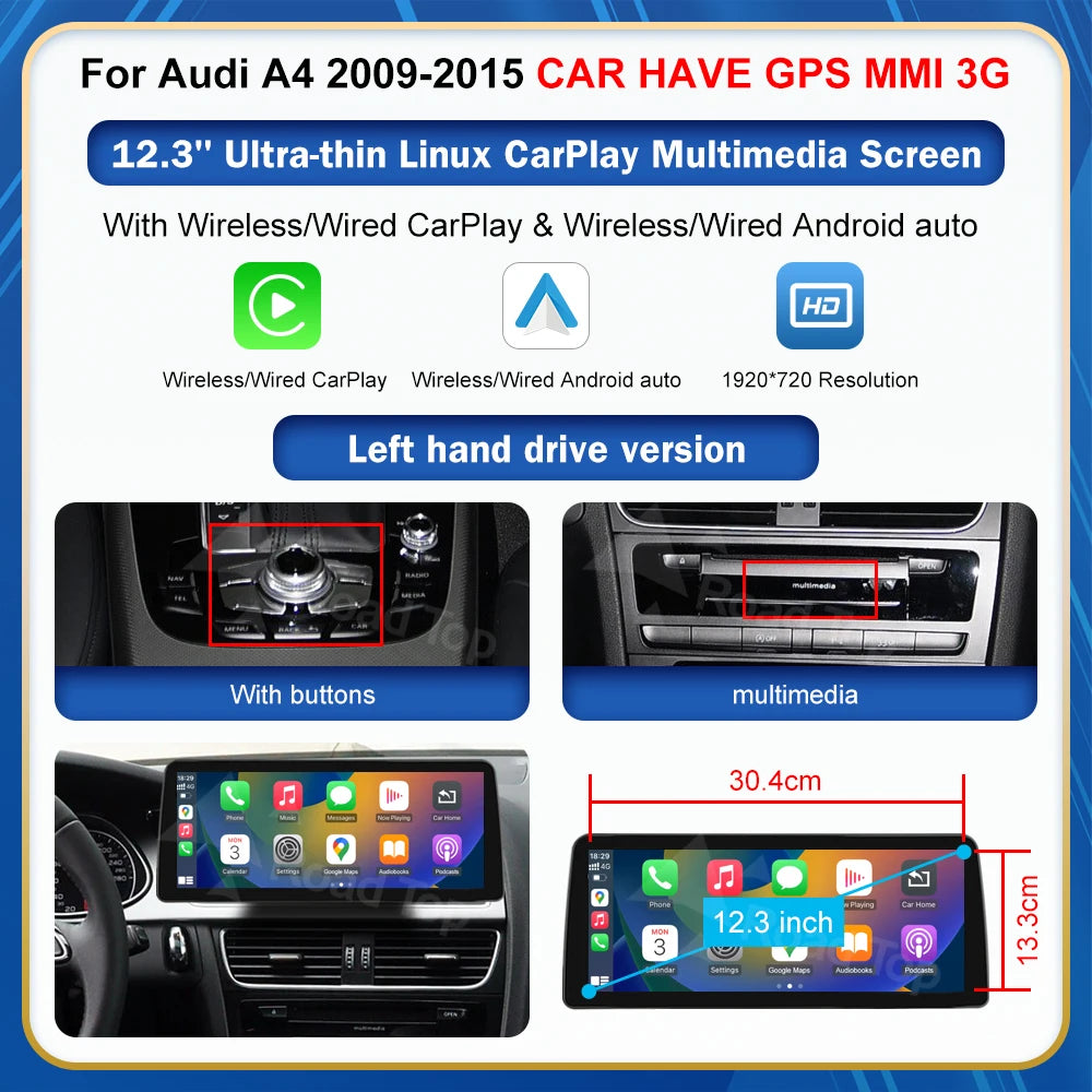CN Road Top 8.9 12.3'' Touch Screen Multimedia Player Andriod Auto Link For Audi A4 S4 B8 2009-2015 GPS Carplay Display Car Play