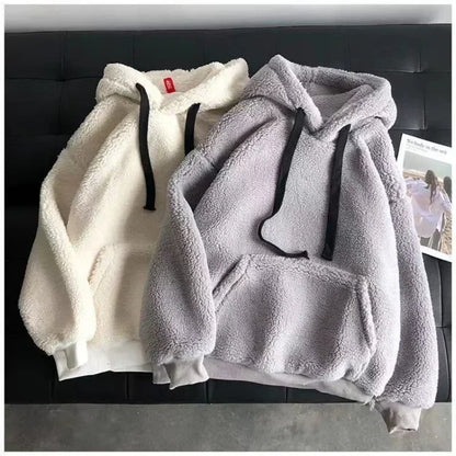Imitation Lambskin Hoodie Winter Simple Couple Long-Sleeved Hoodie Wear for Both Men and Women Fluffy Thickened Hooded Loose Top