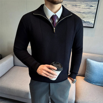 Men's Semi-Zip Knit Sweater - White (Gray/Black)  Winter Weight Fabric Fashionable Semi-High Neck Daily Wear