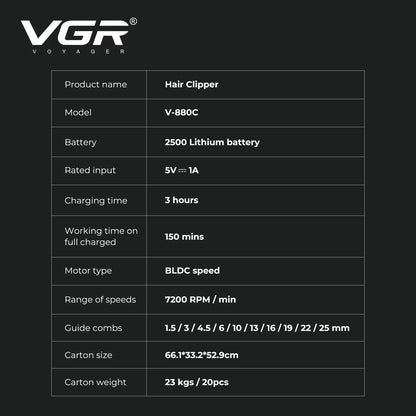 VGR Trimmer Professional Hair Clippers Rechargeable Trimmer Electric Hair Clippers Adjustable Hair Clipper Trimmer for Men V-880
