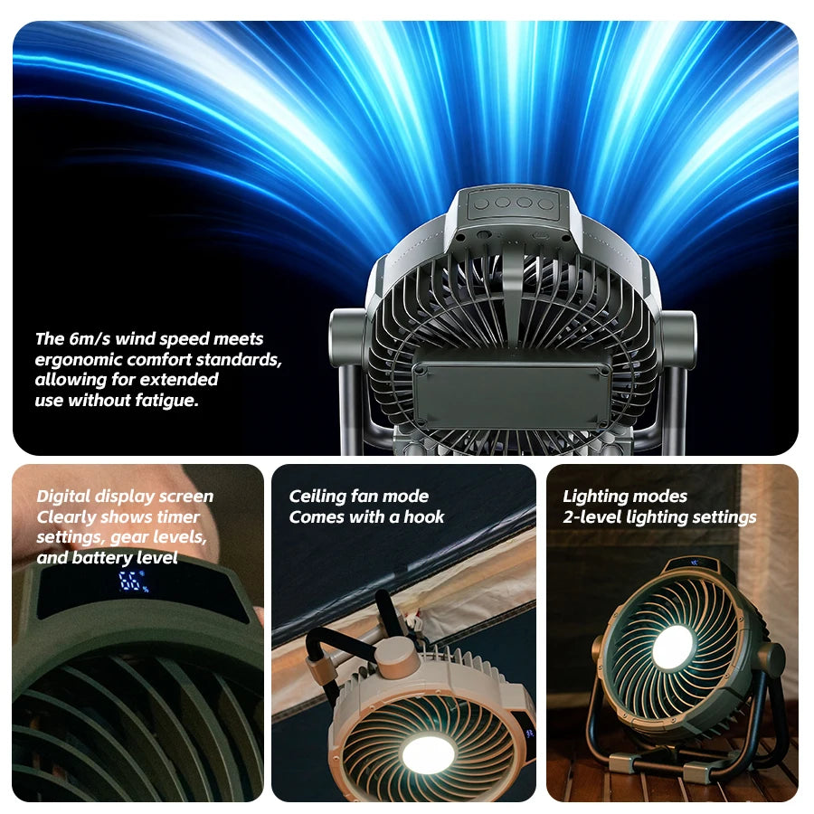Multifunctional Camping Fan 10000mAh Portable Outdoor Rechargeable Fan 5 Speed Air Circulators w/ LED Light Hook Remote Control