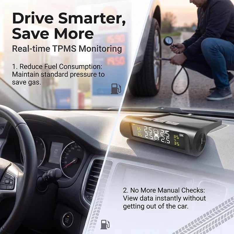 Car TPMS Digital LCD Display Smart Tyre Pressure Monitoring System 4 Sensors Auto Security Alarm Solar Charging Car Accessories