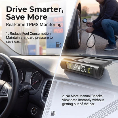 Car TPMS Digital LCD Display Smart Tyre Pressure Monitoring System 4 Sensors Auto Security Alarm Solar Charging Car Accessories