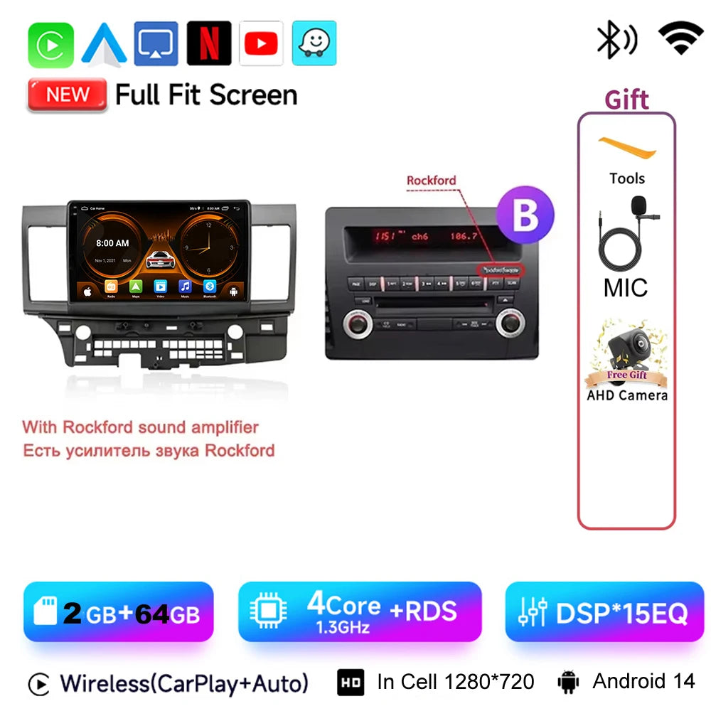 JIUYIN 10.1" Android 15 Car Radio For Mitsubishi Lancer 2007 - 2017 CarPlay Android Auto GPS 4G Multimedia Stereo Navigation