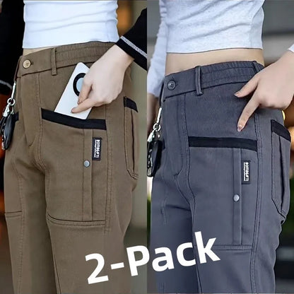 Men's Workwear Pants Elastic Waist Multi-Pocket Straight Leg Autumn Winter Durable Polyester Fiber Casual Trousers