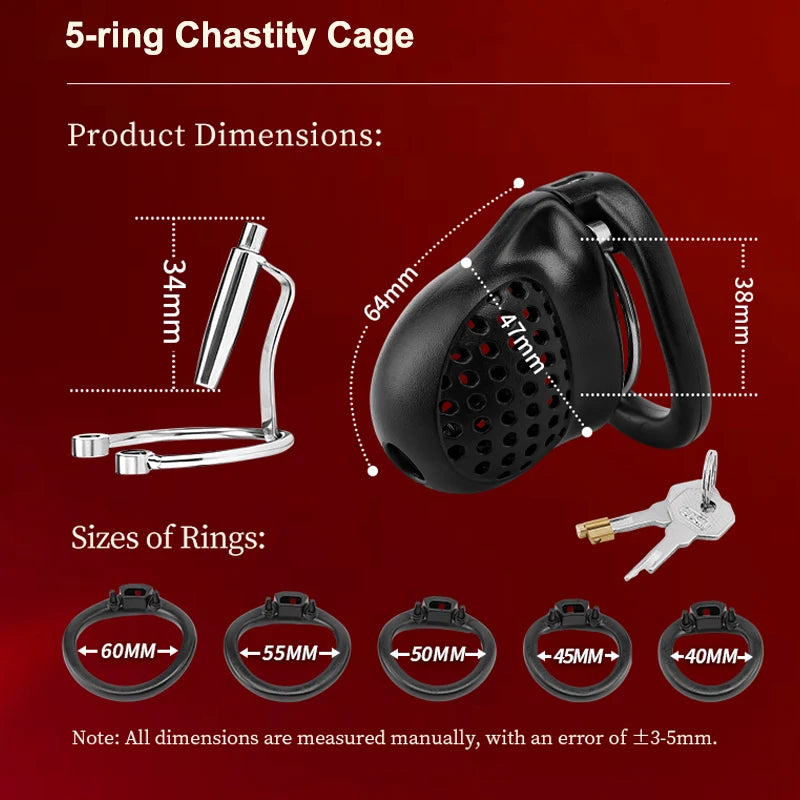 Male Chastity Cage with Lock and 5 Rings Resin Penis Lock for Men Breathable Cock Ring Penis Restrain Chastity Device Sex Toys