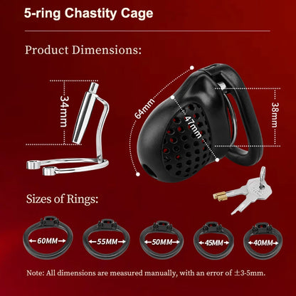 Male Chastity Cage with Lock and 5 Rings Resin Penis Lock for Men Breathable Cock Ring Penis Restrain Chastity Device Sex Toys