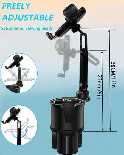 Cup Phone Holder for Car, 2 in 1 Height-Adjustable Dual Cell Phone Holders Car Cupholder Mount, Fit Large Bottle & All Cellphone