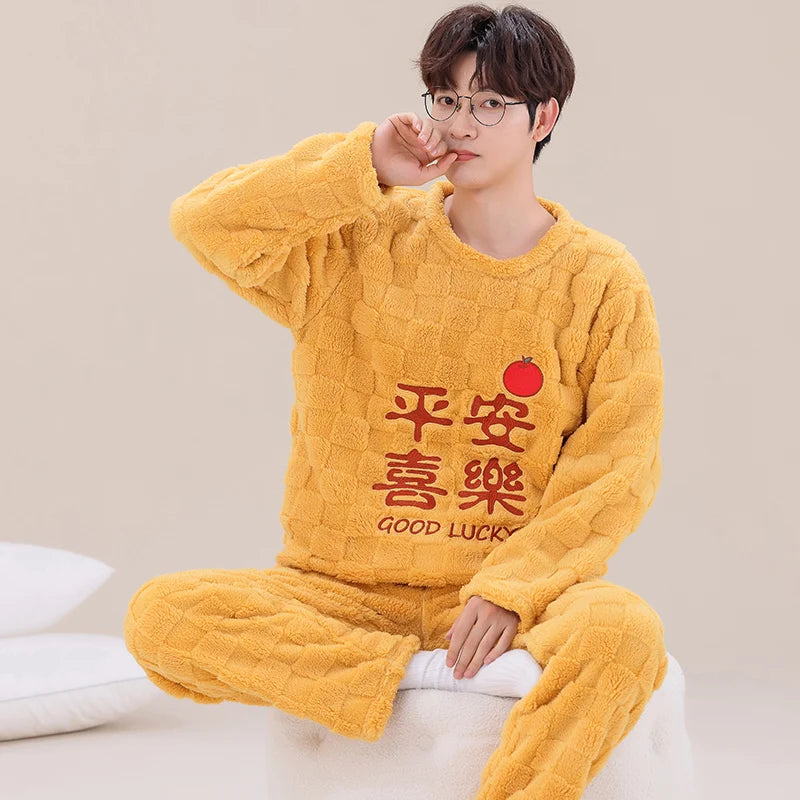 Pajama Set Men O-neck Long Sleeve Striped Comfortable Warm Flannel Mens Pajamas Big Yards XXXL Korean Style Home Clothing Casual
