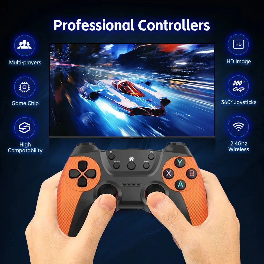 The X8 ULTRA retro video game console comes pre-installed with 50,000 games and plug-and-play PS1/N64/PSP emulators.