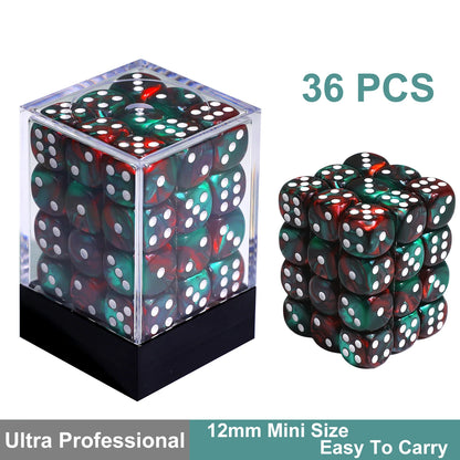 36Pcs 12mm D6 Double Color Glitter Dice for RPG Board Games Tabletop DND Accessories Family Board Games Gift with Storage Box