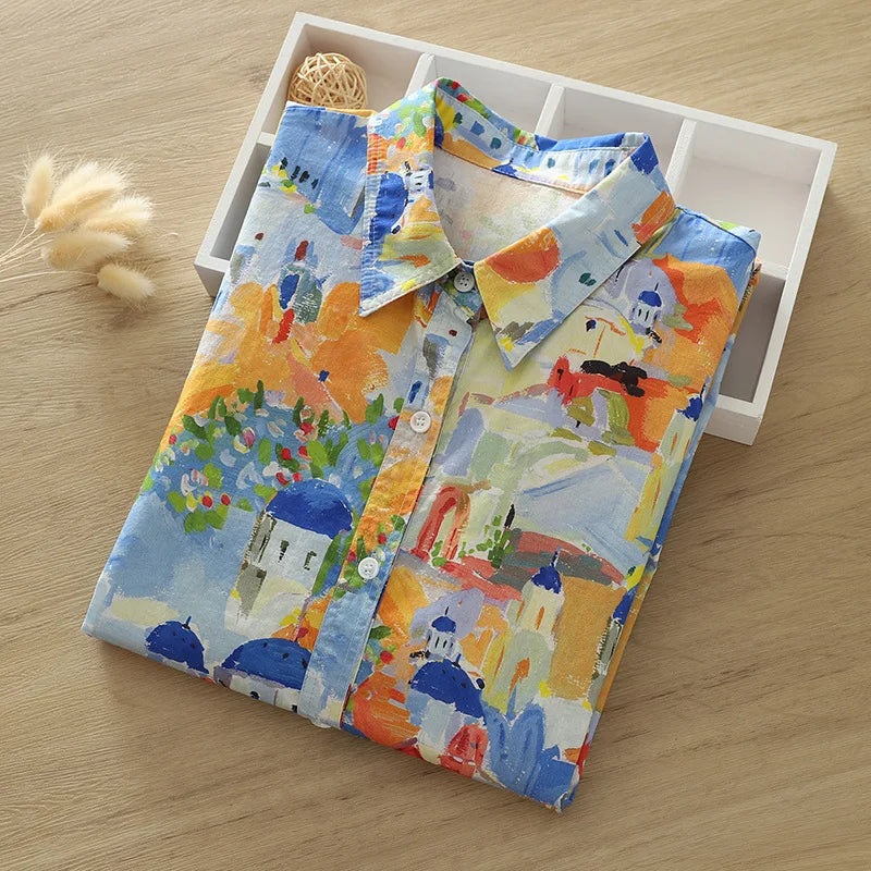 Vacation Style Colorful Printed Shirt Women 2024 New Fresh Loose Women's Casual Shirt & Blouses Lady Long Sleeve Tops Clothes