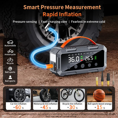 10000a Amp Dual 25mm Cylinder 200psi Smart Car 12v Battery Booster Auto Tire Super Compressor Air Pump Power Bank Jump Starter
