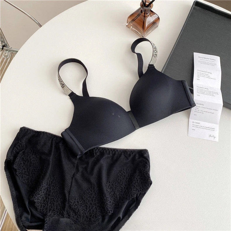 Hot Sale Sexy Letter Rhinestone Strap Bra Set Seamless Thin Summer Light Push Up Anti Sagging Comfortable Women Lingerie Set