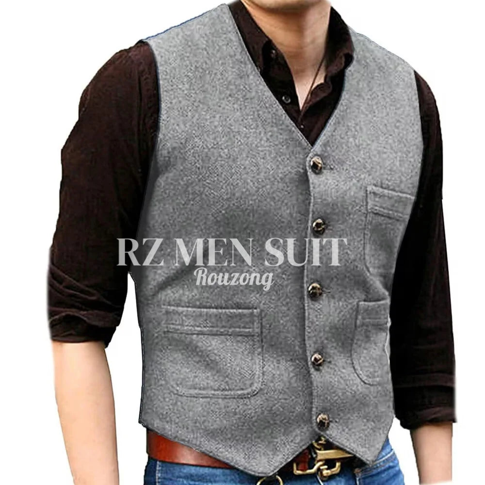 Mens Vintage Tweed Suit Vest V Neck Casual Wool Waistcoat for Wedding Groomsmen chaleco hombre