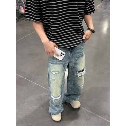 Men's Jeans Man Pants Heavy Duty Washed Multi Pocket Carpenter Style Straight Loose Denim Trousers Casual Fit High Street
