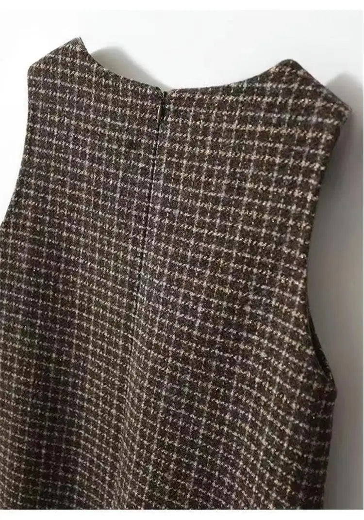 Retro Plaid Woolen Vest Dress Women's Autumn Winter Thickened Mid-Length Sleeveless H-Shape round Neck Backless Midi Dress
