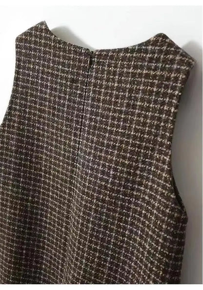 Retro Plaid Woolen Vest Dress Women's Autumn Winter Thickened Mid-Length Sleeveless H-Shape round Neck Backless Midi Dress