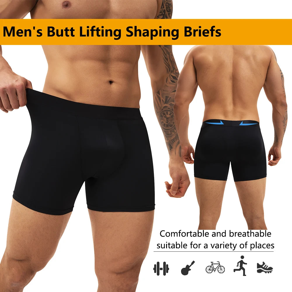 Men Butt Lifter Underwear 3D Pouch Boxer Briefs Antibacterial Auick-Drying Panties Shaper Removable Fake Butt Pad Black S-2XL