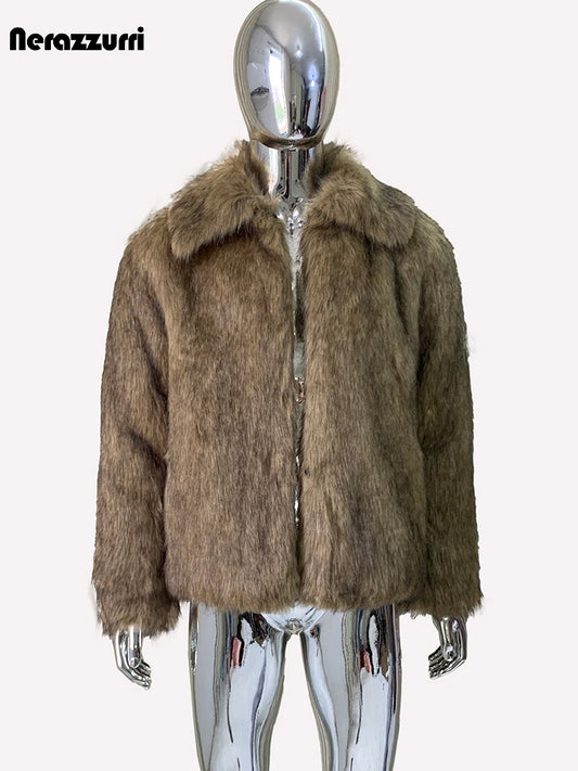 Nerazzurri Winter Short Thickened Warm Soft Hairy Shaggy Fluffy Faux Fox Fur Coat Men Long Sleeve Turn-down Collar Fluffy Jacket