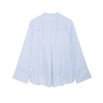Women's Striped Shirt with Pocket New Spring Long Cuffed Sleeve O Neck Simple Women Shirt & Blouses Asymmetric Hem Female Tops