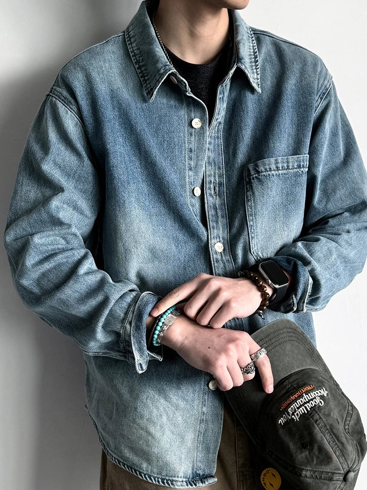 American Vintage Washed Distressed Denim Shirt Mens Plus Size Long Sleeve Spring Fall Casual Premium Trendy Classic Blue Tops
