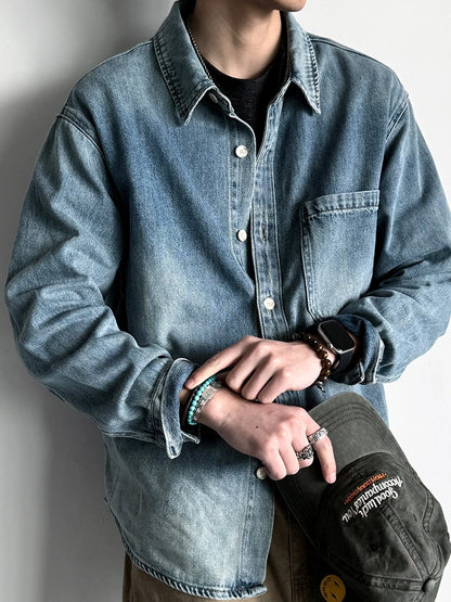 American Vintage Washed Distressed Denim Shirt Mens Plus Size Long Sleeve Spring Fall Casual Premium Trendy Classic Blue Tops